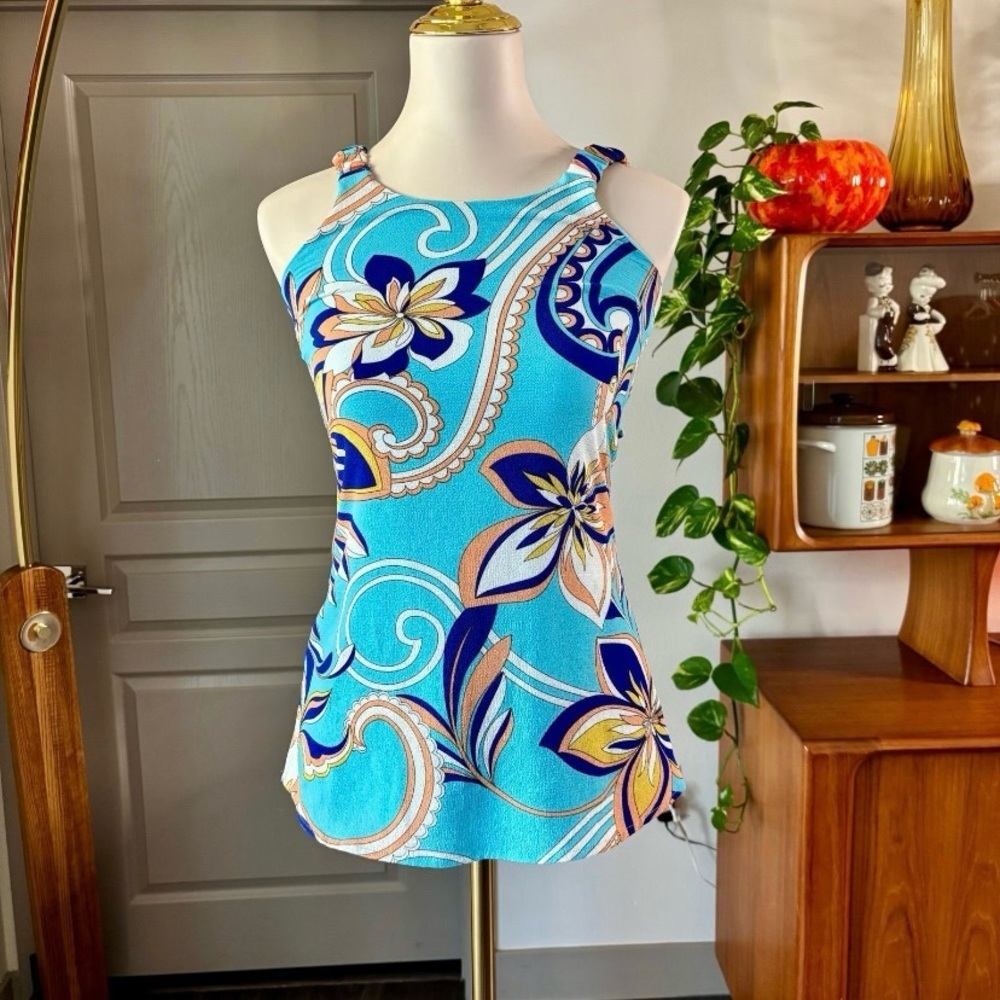 Xtraordinary Blue Floral High Neck Open Back Tank Top Y2K  maximalist spring XS